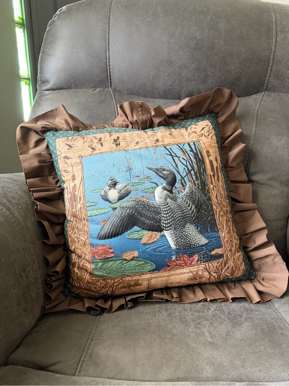 Vintage Brown and Blue Loon Waterfowl Accent Pillow - Vintage